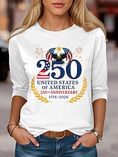  Unabhängigkeitstag Amerikanisches Jubiläum Patriotischer Damen T-Shirt Grafik USA Flagge Mode Stilvoll Klassisch Langarm Rundhalsausschnitt Täglich Wochenende Druck Schwarz Weiß Rot Sommer Frühling