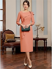 voordelige Thee Lengte-Sheath Column Tea Length Party Dress Cocktail Dress Wedding Guest Dress Mother of the Bride Dress Long Sleeve Square Neck Elegant Minimalist Formal Wedding Guest Stretch Fabric with Ruched Beading