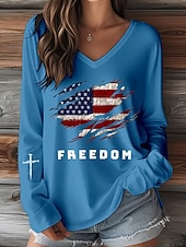  Ziua Independenței Tricou Patrioților pentru Femei Grafic Litera Vintage Stilat Clasic Mâneci Lungi Gât în V Topuri Regulate Zilnice Imprimare Albastru Negru Alb Roșu Vară Primăvară Toamnă Iarnă