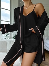 economico Completi pigiami da donna-Per donna Pigiama Camicia da Notte Set Pigiama Casual Morbido Raso Colore Puro Coulisse Shorts Quotidiano Casa Da letto Manica Lunga Spalline Nero Champagne Rosa Rosso Estate Vestibilità comoda