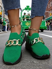 billige Damesko-Grønne strikkede damesneakers med leoparddetaljer til St. Patricks dag – moteriktig kjededetalj, komfortabel og trendy, perfekt for parader og uformelle festligheter