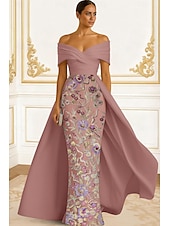  A-Linie Bodenlang Perlenbestickt Abendkleid Kleid der Brautmutter Abendkleid Ballkleid mit Überrock Festliche Kleidung Elegant Hoher Schlitz Kurzarm Schulterfrei Hochzeit Formell Satin Spitze mit