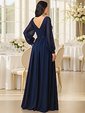 tanie Długość podłogi-Sukienki A-Line na długość podłogi sukienka formalna sukienka wieczorowa sukienka matki panny młodej sukienka z długim rękawem dekolt w serek elegancka vintage z koralikami