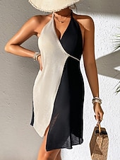 preiswerte Strandkleider-Damen Cover Up Badeanzug Kleid Patchwork Urlaubs Strandbekleidung Uni-Farbe V-Hals Ärmellose Badeanzüge