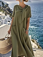 abordables Robe Simple-Femmes Robe maxi Robe trapèze Robe d'été Occasionnel Quotidien Coupe Ample Uni Manche Courte Col en V Bleu Marron clair Marron Vert Véronèse Été