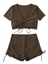abordables Ensemble de bikinis-Femmes Maillots de Bain 2 pièces Shorts Maillot de bain Cordon de serrage Vacances Tenues de plage Couleur Unie Col en V Manches courtes Maillots de bain