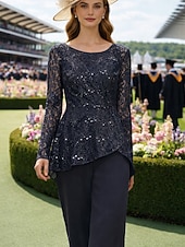 baratos Terninhos de calça da mamãe-Duas Peças Terninho Longo Vestido Para Mãe dos Noivos Manga Longa Scoop pescoço Elegante Formal Convidado do casamento Noite Formal Chiffon Renda com Lantejoulas