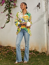 Недорогие рубашки, топы и блузки-короткая шифоновая рубашка с цветочным принтом и рукавами-летучками в стиле каникулярного зеленого цвета с асимметричным кроем