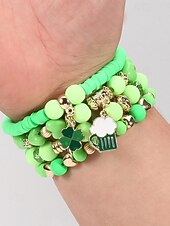 baratos Acessórios-Conjunto de pulseiras femininas para o Dia de São Patrício, pulseiras empilháveis de várias voltas com contas verdes, estilo trevo da sorte, materiais de liga metálica e cristais sintéticos, joias festivas irlandesas para mulheres.