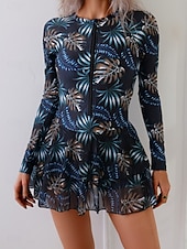 billiga Tankinis-Dam Badkläder Tankini 2 st Kjol Baddräkt Magkontroll Hög midja Smal Elegant Semester Blommig Rund hals Långärmad Baddräkter