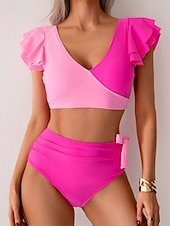 Χαμηλού Κόστους Σετ μπικίνι-Γυναικεία Μαγιό 2 κομμάτι Προκλητικό Μαγιό Σουρωτά Κουρελού Εξώπλατο Διακοπές Ρούχα παραλίας Συνδυασμός Χρωμάτων Λαιμόκοψη V Αμάνικο Μαγιό