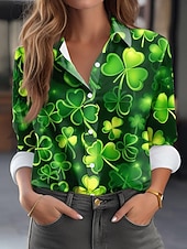  St. Patrick's Day Women's Blouse Buttons Print Graphic Shamrock Vintage Stylish Casual Long Sleeve Shirt Collar Regular Tops Daily Work White Light Green Green Spring Winter