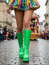 cheap Women's Shoes-Women's Mardi Gras 1980s Retro Purple Platform Knee-High Boots with Block Heels – Shiny Patent Faux Leather, Perfect for Carnival Parades and Festive Celebrations