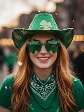  レディース 3ピース セントパトリックスデー スパンコール カウボーイハット、シャムロック サングラス &グリーンのバンダナセット - アイルランドのパレードやパーティーにぴったりの華やかなキラキラコスチュームアクセサリー &祝賀会