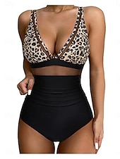 رخيصةأون مايوه قطعة واحدة-نسائي ملابس السباحة قطعة واحدة ملابس البحر ملابس السباحة شبكة بنطلون رياضي للبطن عالي الخصر ضعيف بدون ظهر العطلة ملابس الشاطئ جلد نمر أوراق V رقبة بدون كم بدلة سباحة