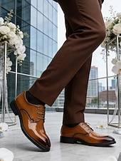 abordables Zapatos Derby-Zapatos de vestir de charol marrón brillante para hombre, elegantes zapatos formales para bodas, ideales para novios, padrinos de boda e invitados a la boda, cómodos y elegantes para ocasiones formales de boda.