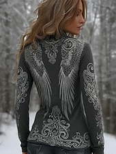 preiswerte Boho-T-Shirt-Damen Boho Viking Flügel T-Shirt Grafik Vintage Bohemia Vintage Mode Langarm Rundhals Reguläre Oberteile Täglicher Wochenenddruck Grau Frühling Herbst Winter