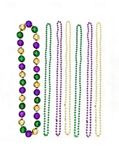 levne Příslušenství-Dámská sada plastových náhrdelníků s korálky na Mardi Gras - barevné zelené fialové a zlaté perfektní pro karnevalové a maškarní párty
