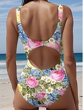 Χαμηλού Κόστους Ολόσωμα μαγιό-Γυναικεία Μαγιό Ενα κομμάτι Αντρικά σλιπ Μαγιό Ρούχα παραλίας Φθινόπωρο Φλοράλ Γραφική Λαιμόκοψη U Αμάνικο Μαγιό