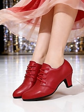 voordelige Ballroomschoenen &amp; moderne dansschoenen-Professionele Latijns-Amerikaanse dansschoenen voor dames - rode kunstleren veterschoenen met hakken voor ballroomdansen, comfortabele en stabiele salsa- en tangoschoenen met middelhoge hak voor