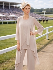 voordelige Broekpakken van mama-3-delig pak Tot de grond Moeder van de bruid jurk Mouwloos Nek boot Elegant Grote maten Bruiloft gast Chiffon Wrap inbegrepen met Effen kleur