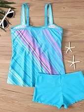 preiswerte Tankinis-Damen Tankini 2-teilig Badeanzug Shorts Bauchkontrolle Hohe Taille Slim Rückenfrei Urlaub Strandbekleidung Ombre Gestreift V-Ausschnitt Ärmellose Badeanzüge