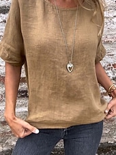 abordables Blusas Sencillas-Mujer Blusa Lino de algodón sintético Color sólido Elegante Casual Media Manga Escote Barco Tops regulares Diario Blanco Amarillo Verde Trébol Verano Primavera