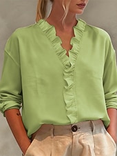 preiswerte Schicke Blusen-Damen Bluse Elegante Oberteile Gerafft Rüsche Patchwork Einfarbig Einfach Elegant Vintage Täglich Langarm V Ausschnitt Normale Oberteile Täglich Arbeit Ferien Blau Blaugrün Weiß Rosa Grün Sommer