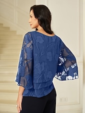  Mulheres Blusa transparente Tops de chiffon Renda Barra Assimétrica Floral Elegante Manga 3/4 Gola Redonda Tops regulares Diário Convidado do casamento Wedgwood Verão Primavera Outono