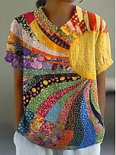 preiswerte Streifen- und geometrische Blusen-Damen Bluse Knöpfe Druck Grafik Geometrisch Täglich Stilvoll Lässig Kurzarm Hemdkragen Normale Oberteile Täglich Ferien Schwarz Gelb Rote Orange Sommer Frühling