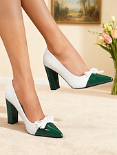 voordelige Pumps met blokhak-Dames tweekleurige groene en witte blokhak pumps - spitse neus met strikdetail, vintage chique stijl schoenen uit de jaren 50 voor werk, feestjes en dagelijkse outfits