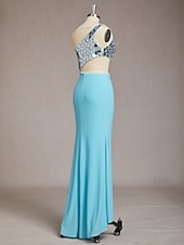cheap Long Dresses &amp; Gowns-Sheath Column Sweep Brush Train Asymmetrical Prom Dress Beaded Eembroidered Party Dress Wedding Guest Dresses Party Glittering Sleeveless One Shoulder Prom Wedding with Sequin