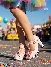baratos Sapatos femininos-Sapatos Elegantes de Salto Chunky com Fivela em Laço de Carnaval Diário Femininos de Mardi Gras em Preto Branco e Amarelo com Bico Redondo