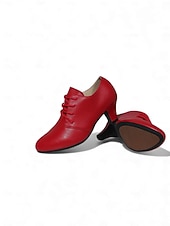 voordelige Ballroomschoenen &amp; moderne dansschoenen-Professionele Latijns-Amerikaanse dansschoenen voor dames - rode kunstleren veterschoenen met hakken voor ballroomdansen, comfortabele en stabiele salsa- en tangoschoenen met middelhoge hak voor