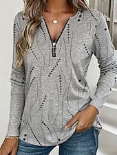 billiga Randig och geometrisk t-shirt-Dam T-shirt Dragkedja Mönster Grafisk Geometrisk Vintage Mode Stylish Långärmad Rund hals V-hals Vanliga toppar Dagligen Blå Vit Gul Rodnande Rosa Rubinrött Vår Höst Vinter