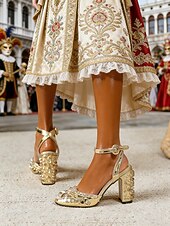 cheap Women's Shoes-Women's Mardi Gras Silver Baroque Embellished Block Heels - Vintage Crystal-Studded Ankle Strap Shoes for Venetian Carnival, Masquerade Balls &amp; Festive Costume Events