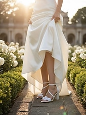 economico sposa-eleganti sandali da sposa bianchi con fiori – comode scarpe da sposa con tacco a blocco per cerimonie romantiche e in giardino