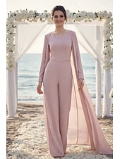cheap Mom's Jumpsuits-3 Piece Pantsuit Floor Length Mother of the Bride Dress Sleeveless Long Sleeve Crew Neck Elegant Formal Wedding Guest Chiffon Satin with Pleats Beading