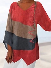 Недорогие Искусство и Дизайн футболка-Жен. Футболка Пэчворк С принтом Контрастных цветов Винтаж Мода На каждый день Длинный рукав V-образный вырез Обычные топы Повседневные На выход выходные Синий Желтый Красный Лето Весна Осень