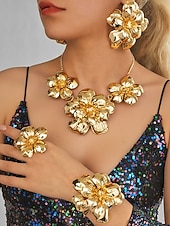 お買い得  アクセサリー-女性用 ステートメント ゴールドトーン フラワージュエリーセット – 合金ネックレス、イヤリング、ブレスレット、リング、カーニバル、マルディグラ、コスチュームパーティー用