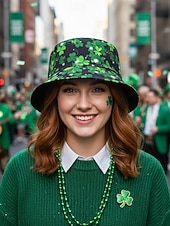 abordables Accesorios-Sombrero de pescador con estampado de trébol verde para mujer: divertido y elegante para el Día de San Patricio, festivales y ropa informal.