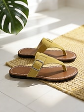 Χαμηλού Κόστους Γυναίκες-Women's Yellow Buckle Slide Sandals – Lightweight Flat Slippers for Beach Walking, Poolside Lounging, Cruise Travel, Resort Holidays &amp; Everyday Comfort