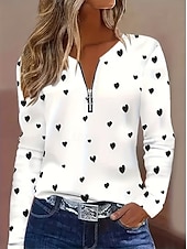 levne Trička na Valentýna-Valentýn Dámské Tričko Zip Tisk Srdce Grafika Čechy Tropický vzhled Havajské Dlouhý rukáv Do V Běžné topy Denní Jdeme ven Víkend Vodní modrá Rubínově červená Léto Jaro Podzim Zima