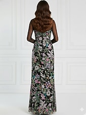  Tubino Colonna Lunghezza al pavimento Perline ricamate Abito Formale Abito da madre della sposa Abito da Sera Elegante Vintage Floreale Manica Lunga Scollo Illusione Matrimonio Formale Con Paillettes