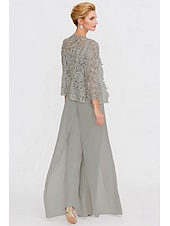 baratos Macacões da mamãe-Linha A Traje de 3 peças Terno-calça Longo Vestido Para Mãe dos Noivos Sem Manga Manga Longa Com Alças Finas Elegante Formal Convidado do casamento Chiffon Renda de Cordão Embrulho incluido com Renda