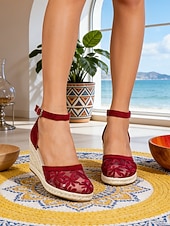 ieftine Espadrile-Sandale tip espadrilă cu platformă pentru femei, din dantelă – plasă florală respirabilă, stil elegant de vară, design confortabil cu bareta la gleznă pentru vacanțe la plajă, ieșiri casual &amp;purtare