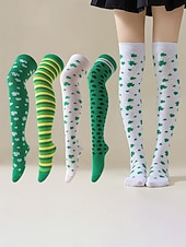  Dámské ponožky ke Dni svatého Patrika (4 ks) - zelený trojlístek &pruhované ponožky nad kolena, slavnostní irské kostýmní punčochové zboží na přehlídku, večírek &oslava svátků