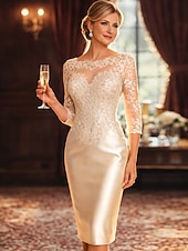 ieftine Lungimea ceaiului-Coloană Teacă Lungime Genunchi Rochie de petrecere Rochie de Cocktail Rochie pentru invitata de nunta Rochie Mama Miresei Lungime Manșon 3/4 Bijuterie Elegant Invitat la nunta Charmeuse cu Aplică