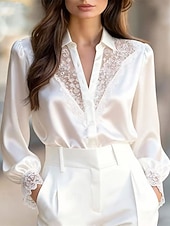 cheap Dressy Blouses-Women's Shirt Elegant Satin Top Blouse Ruched Lace Patchwork Plain Elegant Vintage Daily Long Sleeve Puff Sleeve V Neck Regular Tops Daily Work Holiday Black White Fall Winter