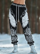 olcso Grafikus nadrág-Női Viking Sovány Melegítőnadrágok Szabadság Szüret Divat Bokáig érő Magas derék Toll Zsinór Kollázs Elasztikus derékpánt Mokaszinok Nagy rugalmasságú Szabadtéri Vakáció Előírásos Stétszürke Fekete